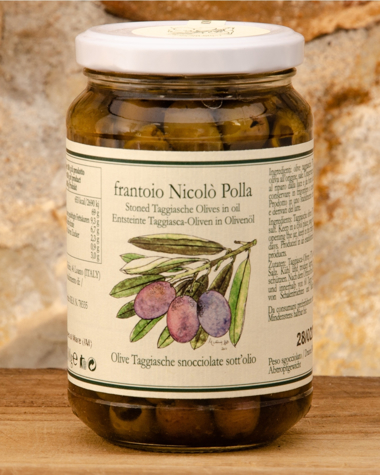 Olive Taggiasche Snocciolate in Olio Extra Vergine di Oliva Polla Picture of Stoned Taggiasche Olives 300g